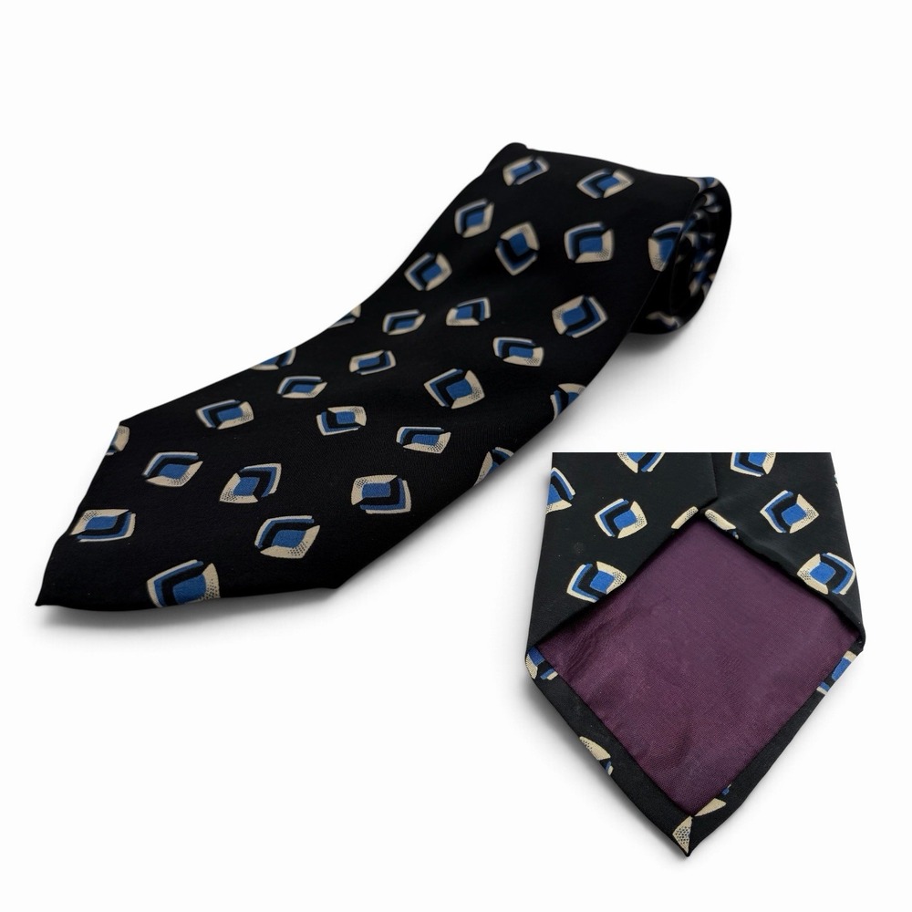 Vintage Polo Ralph Lauren Tie 100% Silk USA Black Blue Geometric Necktie